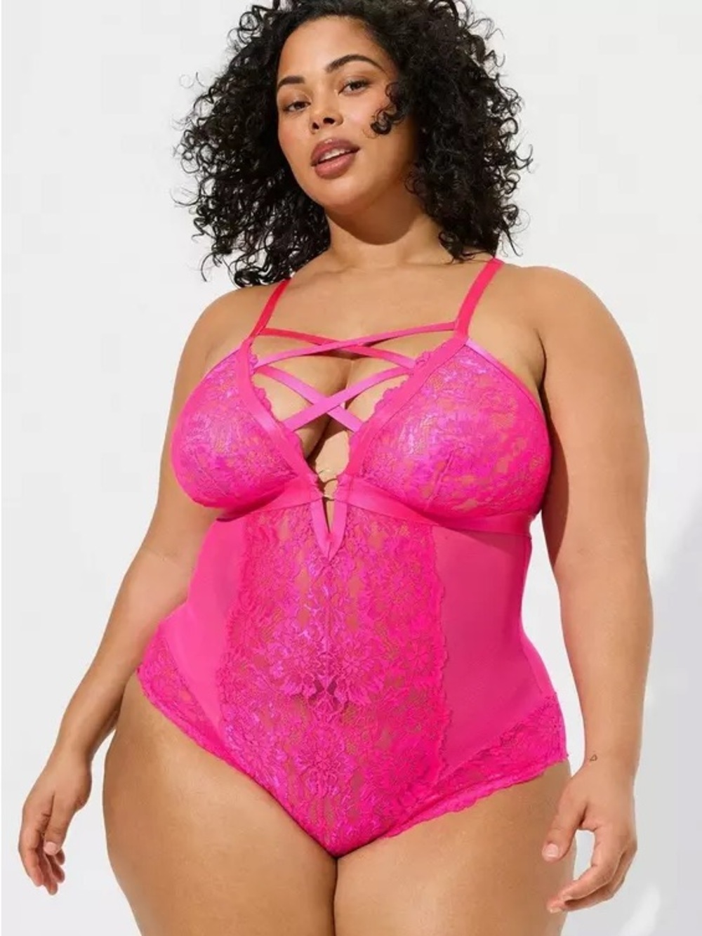 torrid Neon Pink Lace Bodysuit with Crisscross Straps